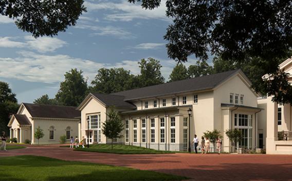 Oxford College Library exterior, featuring brick plaza, trees, and open sky