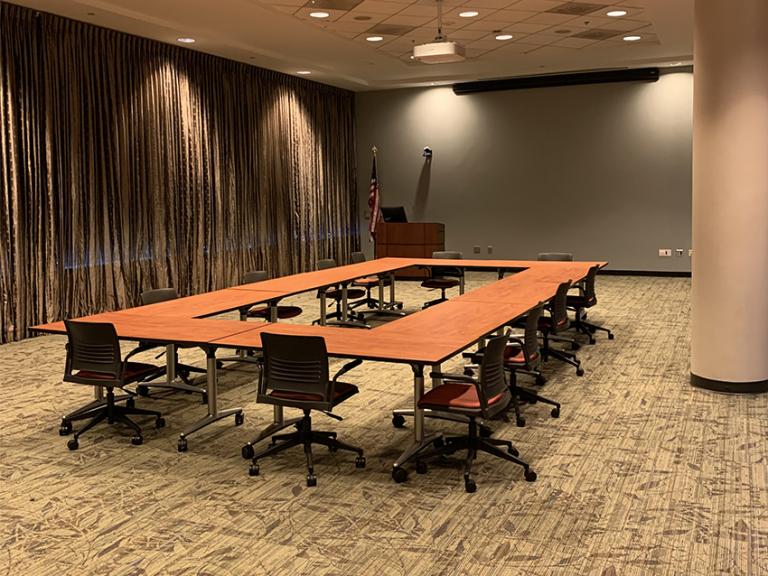 The room configured for a round table discussion