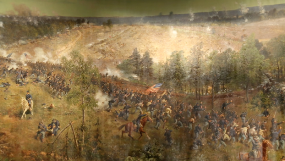 The Confederate charge on Leggett's Hill, the present location of the I-20 and Moreland Avenue interchange, is depicted in the background of the Atlanta Cyclorama painting. (Courtesy of the Atlanta Cyclorama).