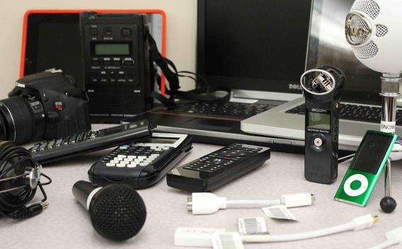A variety of audio visual equipment, including cameras and microphones