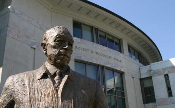 Emory's Open Access Policy associated with image of the Robert W. Woodruff statue in front of Robert W. Woodruff Library