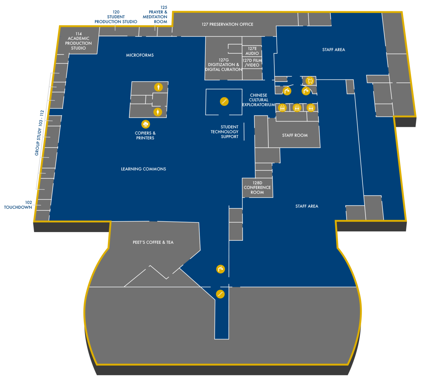 Woodruff Library Level 1 (Banjo Coffee, Learning Commons, Production Studios, Student Technology Support)