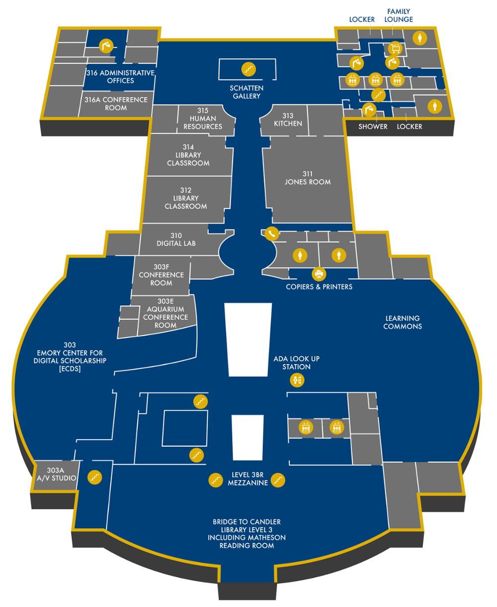 Woodruff Library Level 3 (Administrative Offices, Bridge to Matheson Reading Room, Classrooms 312 and 314, Emory Center for Digital Scholarship (ECDS), Jones Room, Learning Commons, Schatten Gallery)