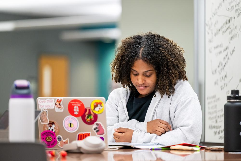 Female student studying with notebook and laptop