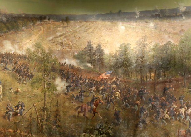 The Confederate charge on Leggett's Hill, the present location of the I-20 and Moreland Avenue interchange, is depicted in the background of the Atlanta Cyclorama painting. (Courtesy of the Atlanta Cyclorama).